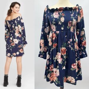Xhilaration Smocked Off The Shoulder Tunic Dress L Navy Floral BOHO Western Top
